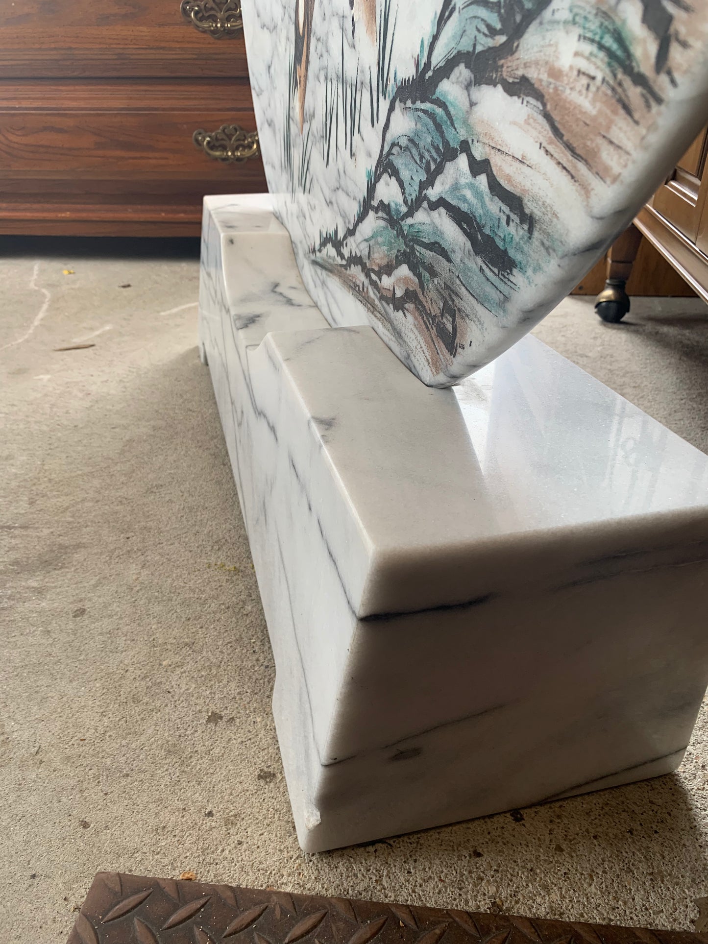Large Hand-Painted Marble Disc on Carved Base – Asian Tiger & Calligraphy (48")