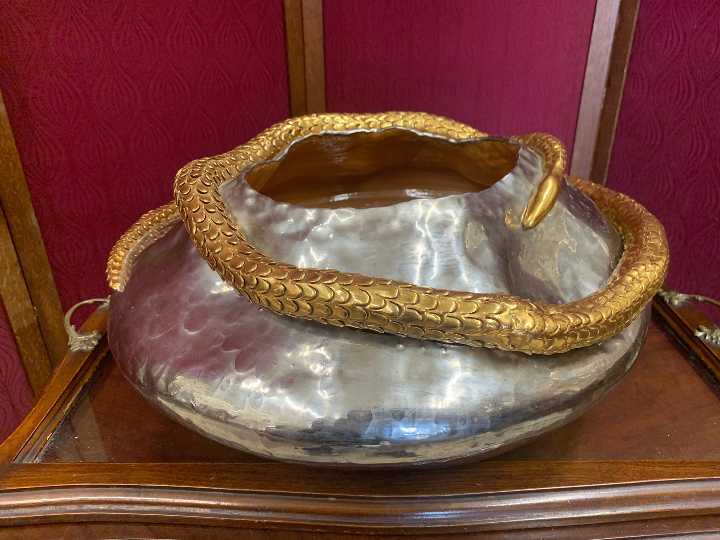 Decorative Artisan Bowl with Coiled Brass Snake – Studio Art Piece (1980s)