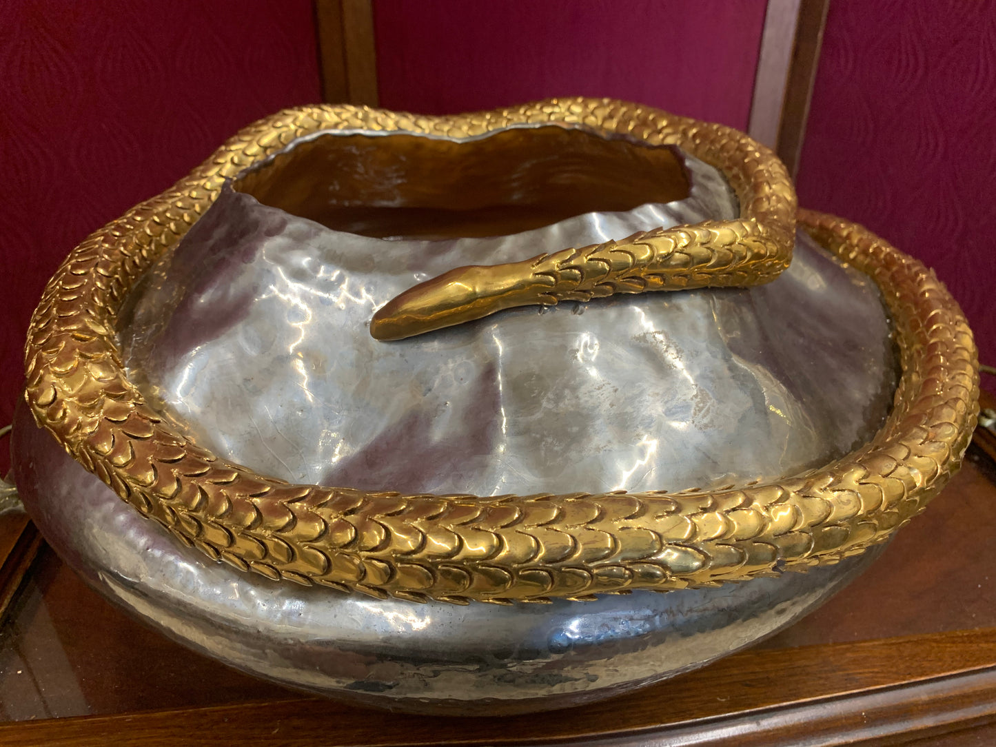 Decorative Artisan Bowl with Coiled Brass Snake – Studio Art Piece (1980s)