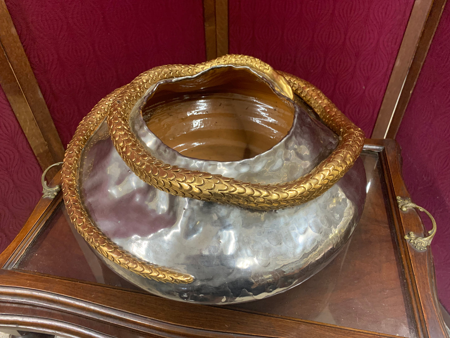 Decorative Artisan Bowl with Coiled Brass Snake – Studio Art Piece (1980s)
