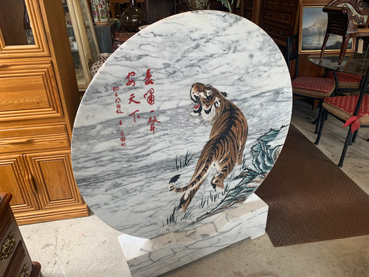 Large Hand-Painted Marble Disc on Carved Base – Asian Tiger & Calligraphy (48")