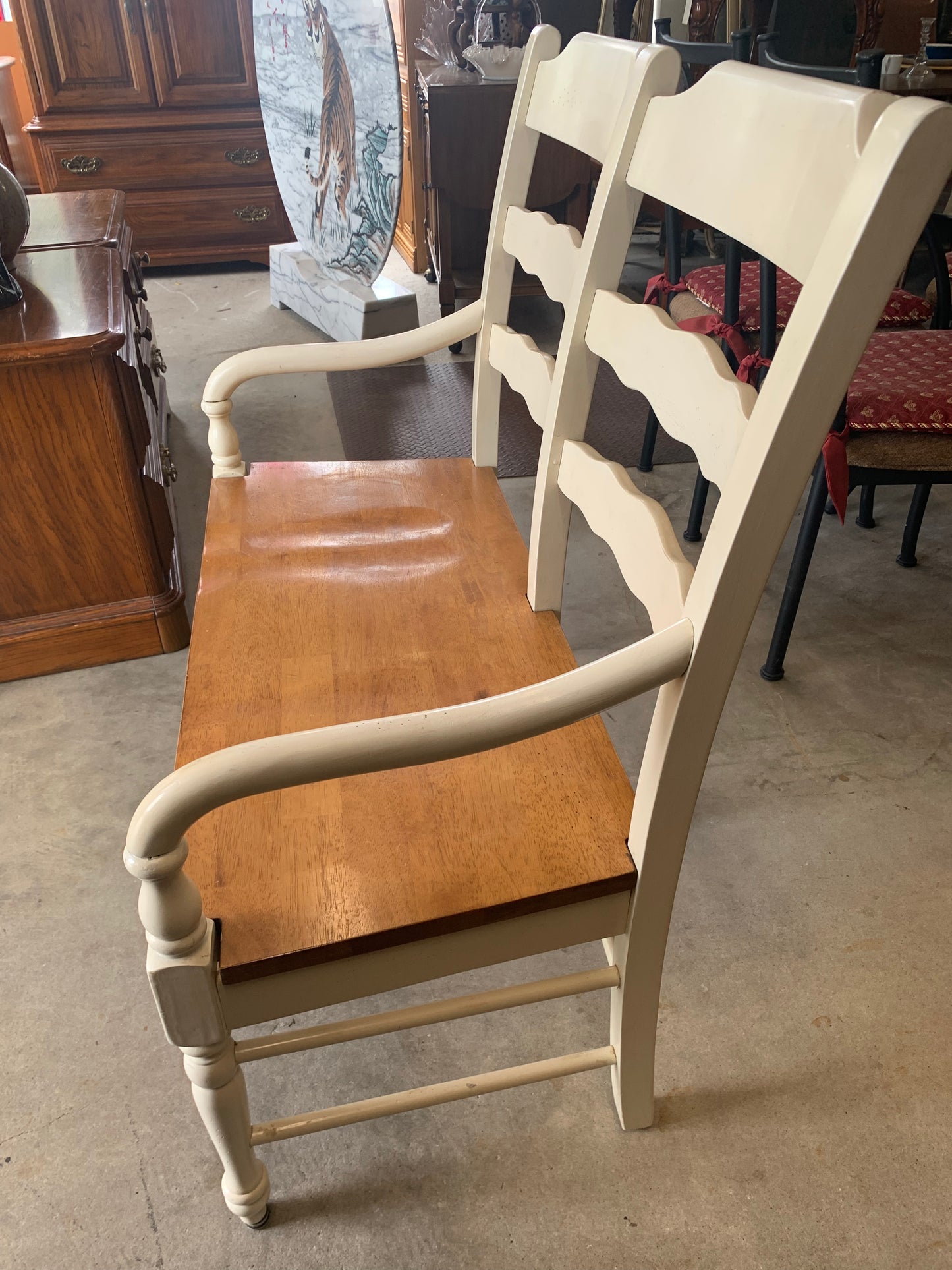 Rustic Farmhouse Double Ladder-Back Bench – Two-Tone Distressed Wood