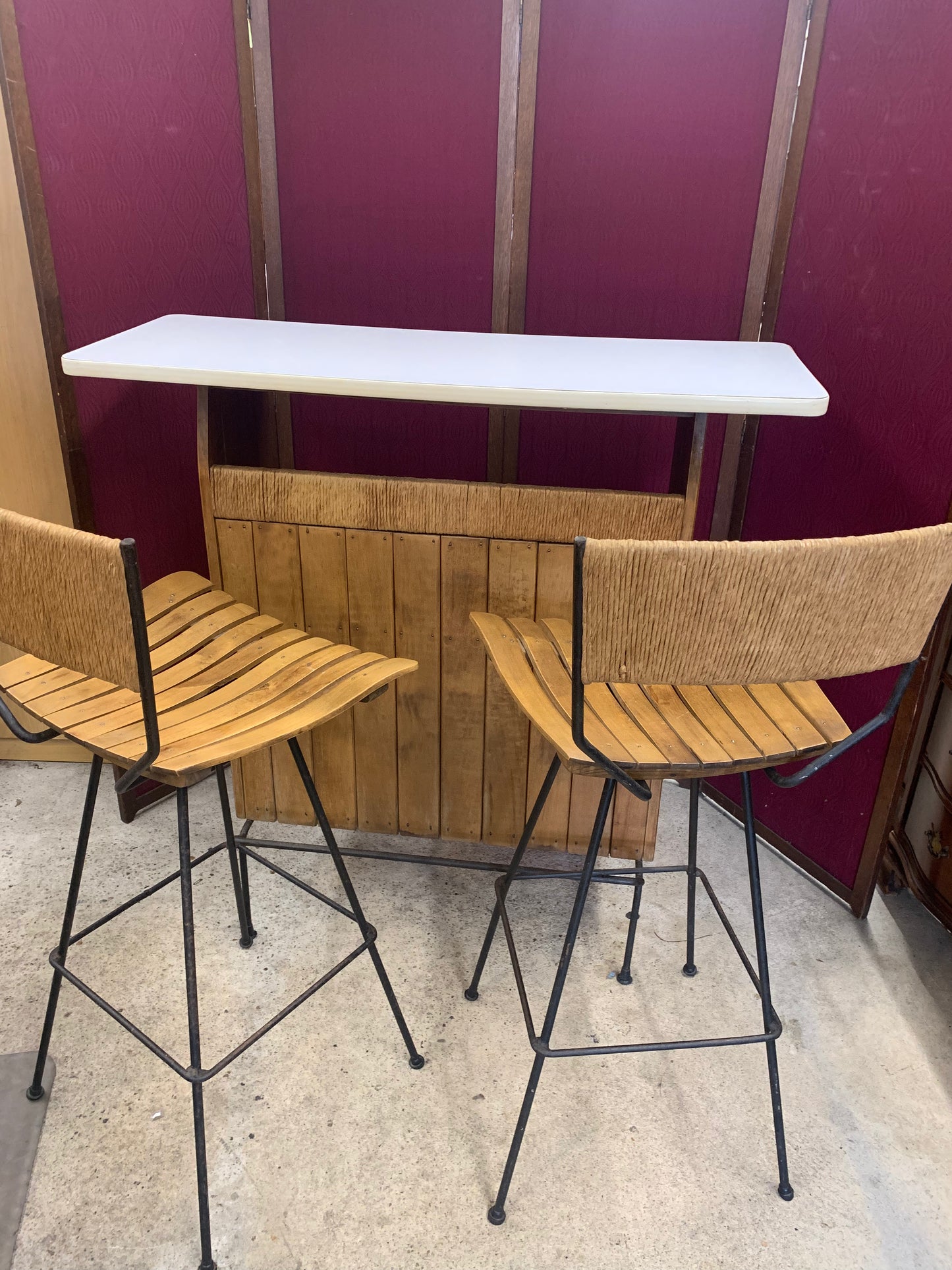 Mid-Century Modern Bar Table Set with 2 Swivel Stools – Wood & Metal