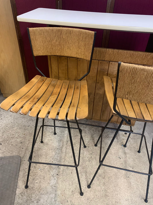 Mid-Century Modern Bar Table Set with 2 Swivel Stools – Wood & Metal