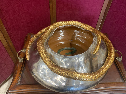 Decorative Artisan Bowl with Coiled Brass Snake – Studio Art Piece (1980s)