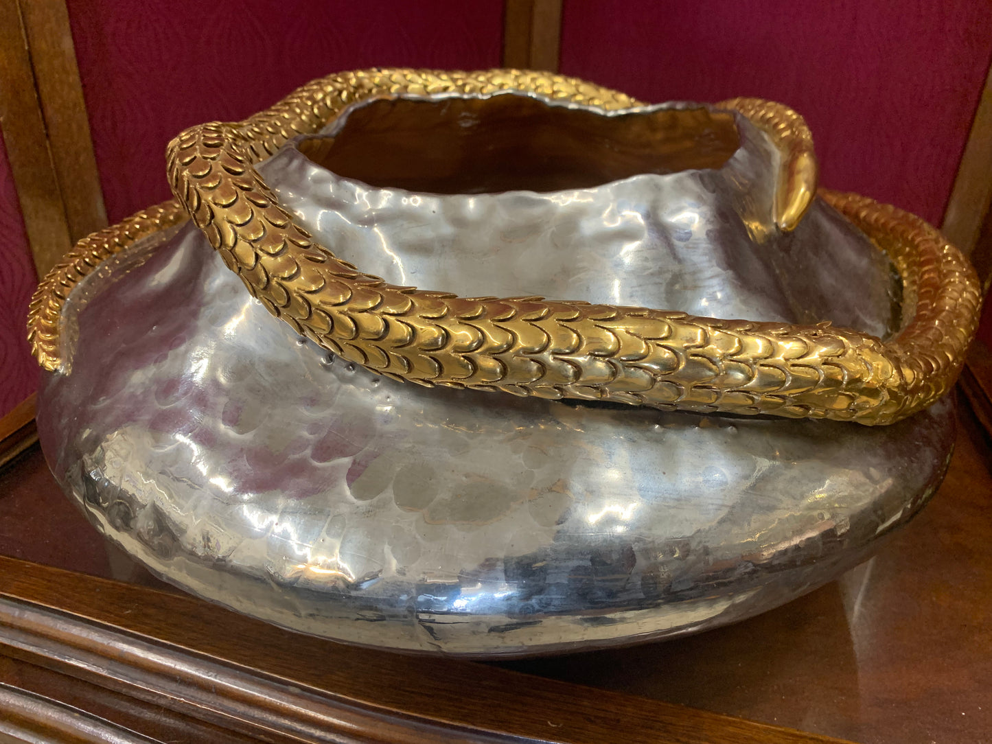 Decorative Artisan Bowl with Coiled Brass Snake – Studio Art Piece (1980s)